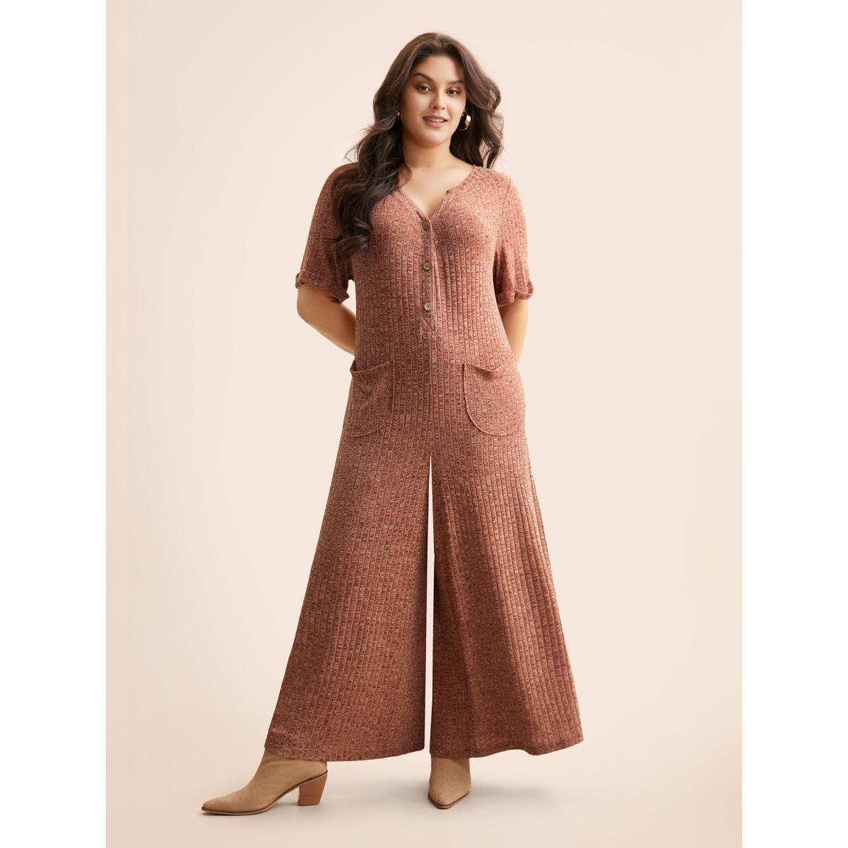 Plus Size Burgundy Texture Button Up Patch Pocket Jumpsuit Women Casual Half Sleeve Flat collar with V-notch Everyday Loose Jumpsuits BloomChic 30/6X Product Image