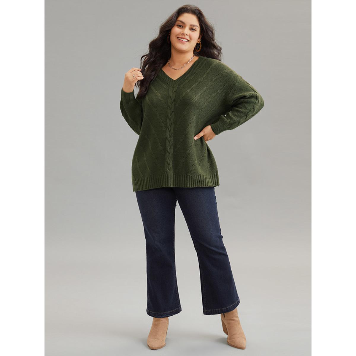 Plus Size Cable Knit Plisse Moderately Stretchy Pullover ArmyGreen Women Casual Loose Long Sleeve V-neck Dailywear Pullovers BloomChic 30/6X Product Image