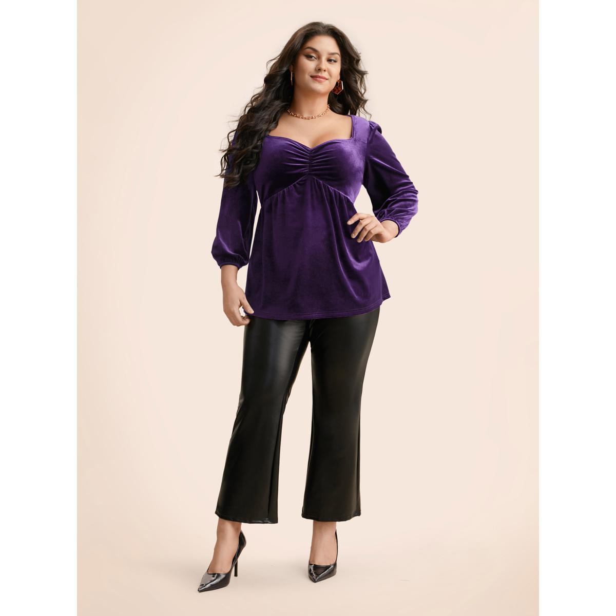 Plus Size Eggplant Velvet Heart Neckline Gathered Blouse Women Elegant Three Quater Length Sleeve Heart neckline Everyday Blouses BloomChic 12/L Product Image
