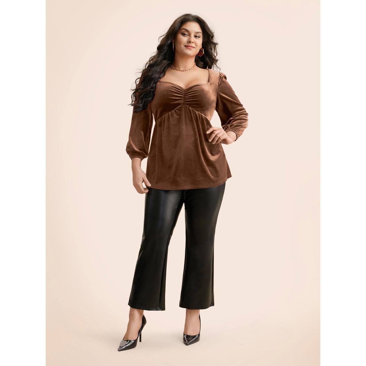 Plus Size DarkBrown Velvet Heart Neckline Gathered Blouse Women Elegant Three Quater Length Sleeve Heart neckline Everyday Blouses BloomChic 10/M Product Image