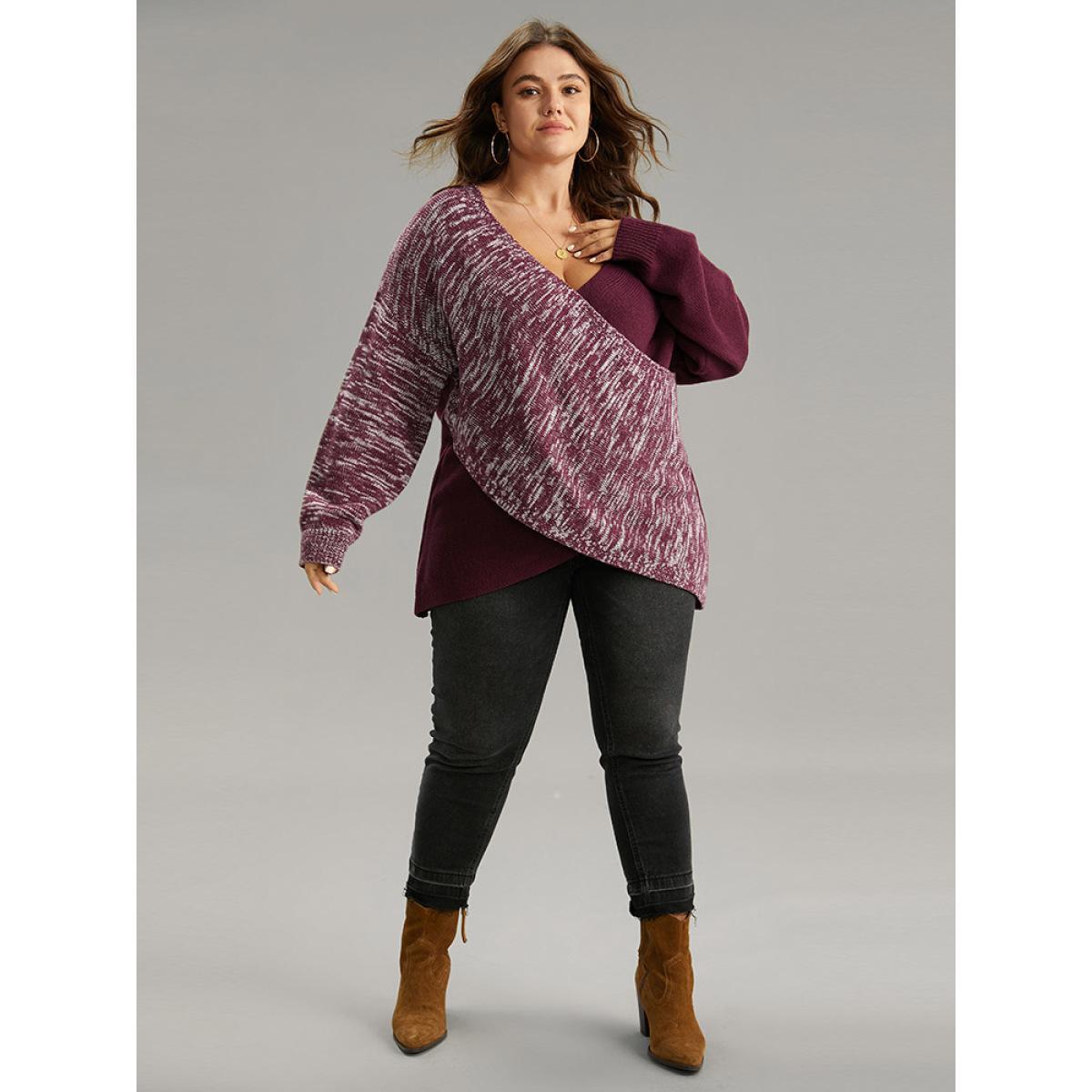 Plus Size Heather Contrast Crossover Patchwork Pullover Burgundy Women Casual Loose Long Sleeve V-neck Dailywear Pullovers BloomChic 10/M Product Image