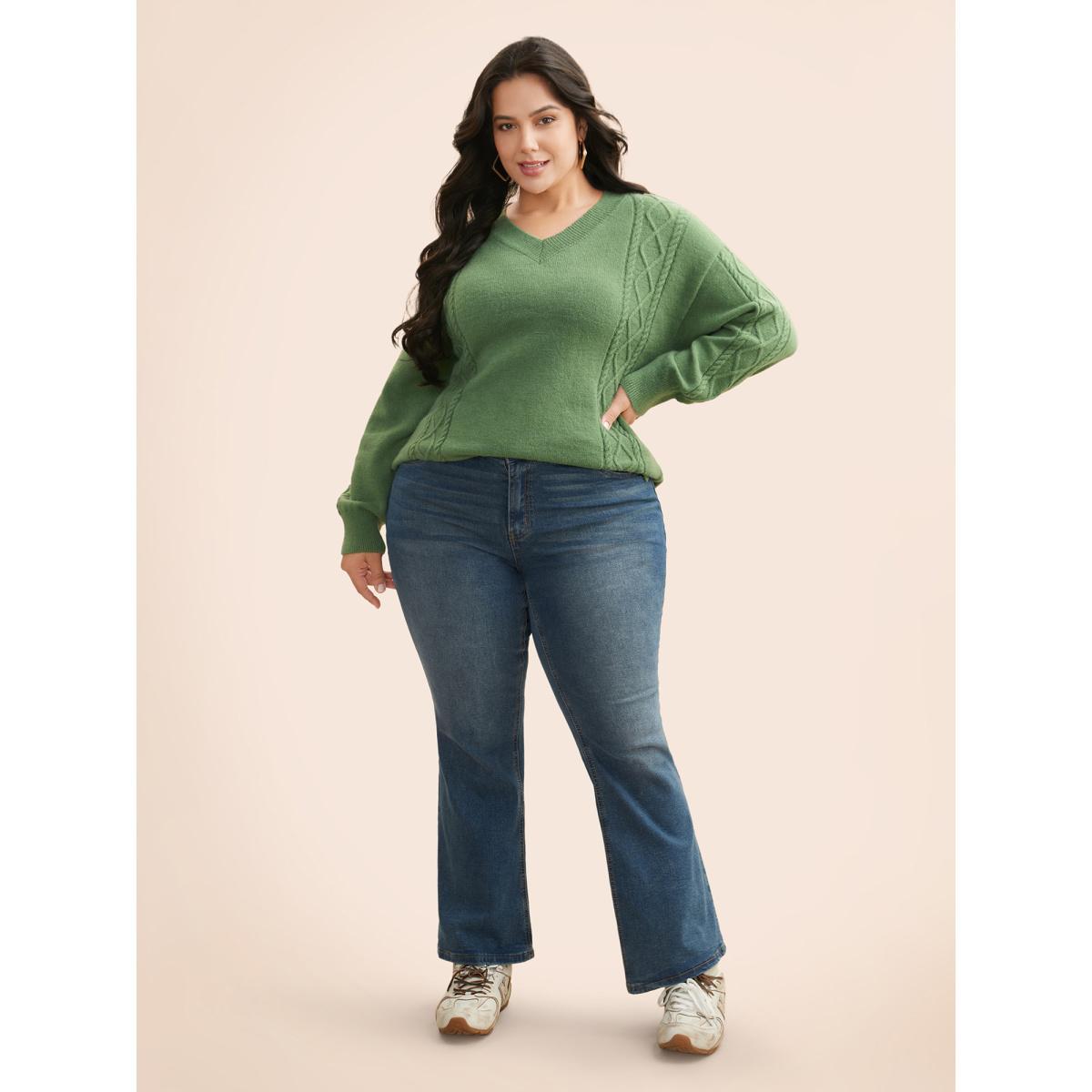 Plus Size Cable Knit Drop Shoulder Slit Hem Pullover LightGreen Women Casual Long Sleeve V-neck Everyday Pullovers BloomChic 10/M Product Image