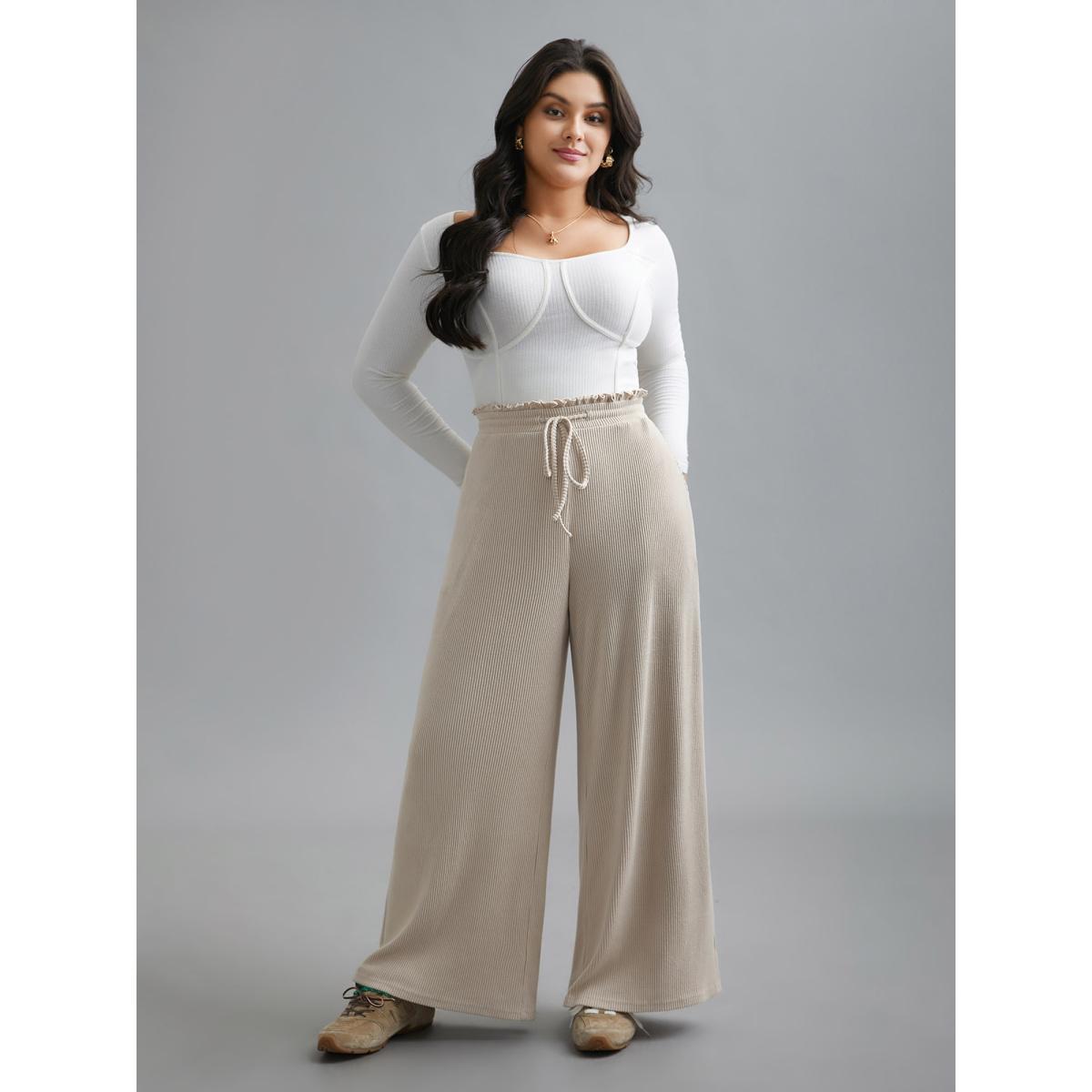 Plus Size Solid Drawstring Fit Stretch Pants Women Apricot Casual Wide Leg Mid Rise Everyday Pants BloomChic 22-24/3X Product Image