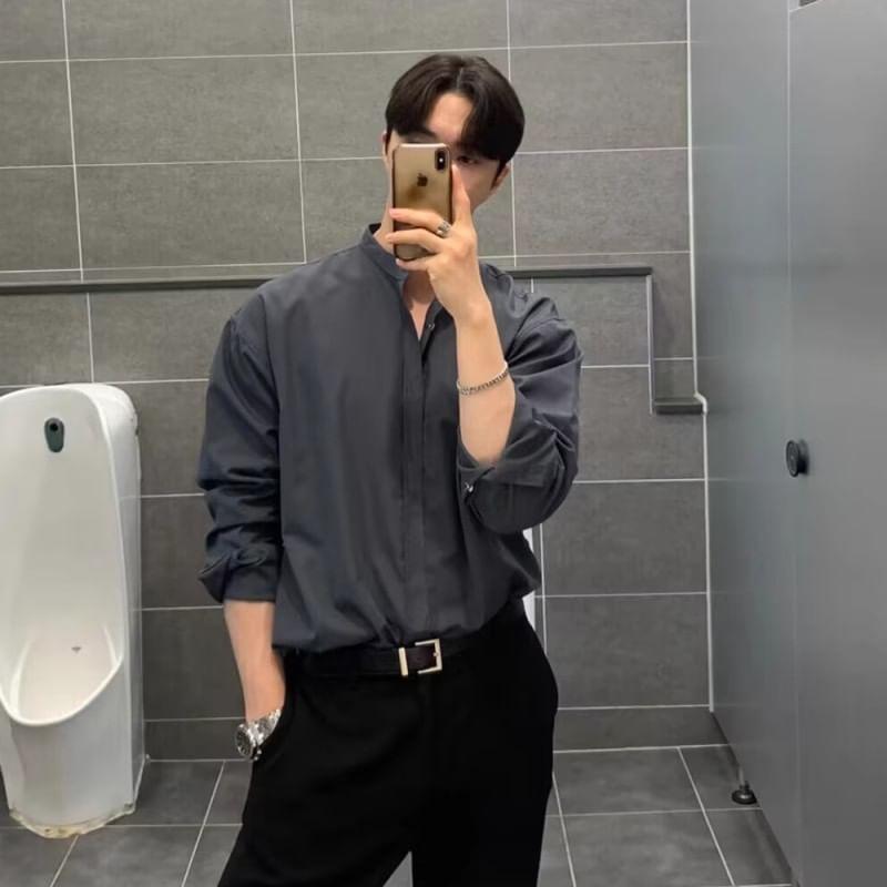 Long Sleeve Band Collar Plain Shirt Product Image