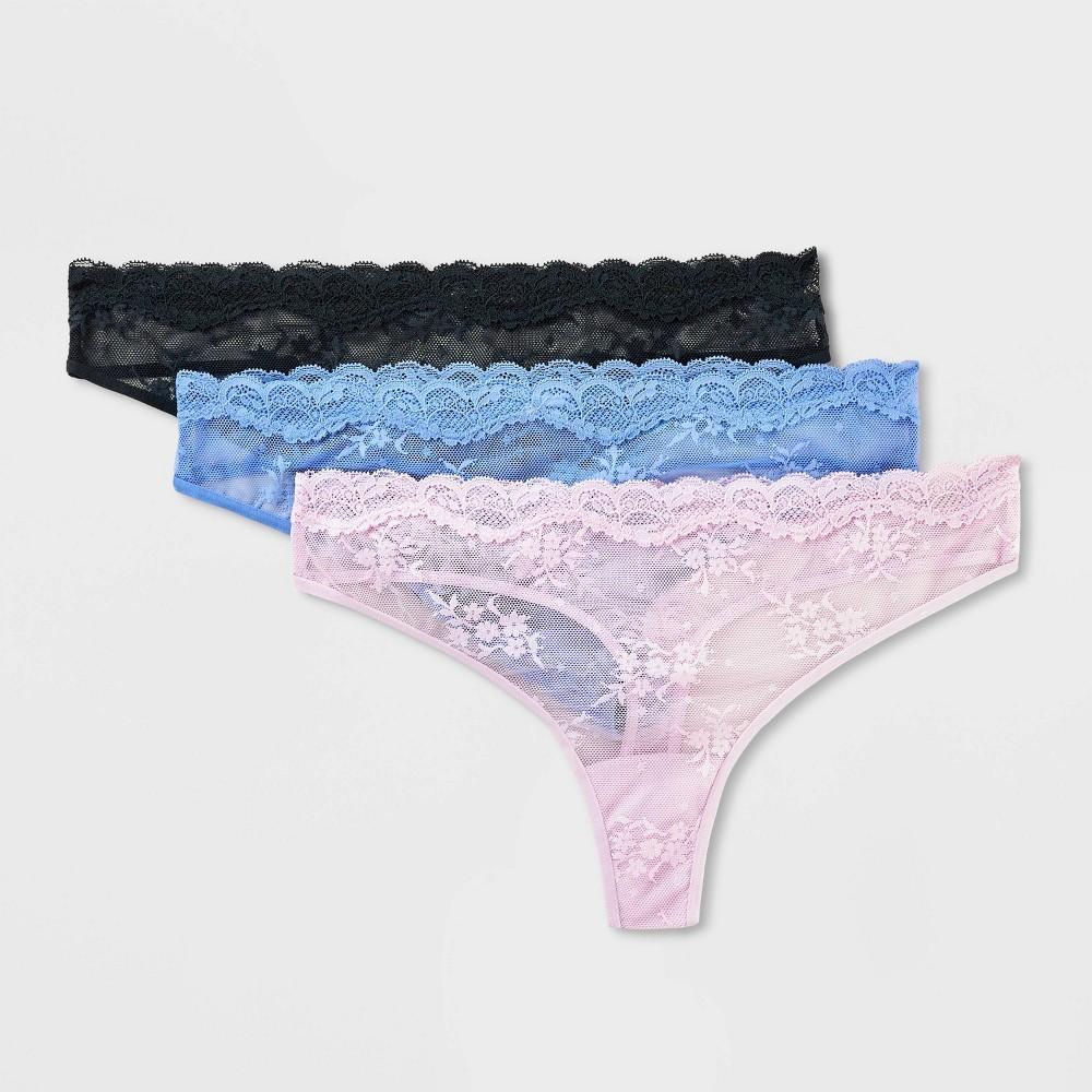 Women's 3pk Lace Thong Underwear - Wild Fable™ Black/Blue/Lilac Product Image