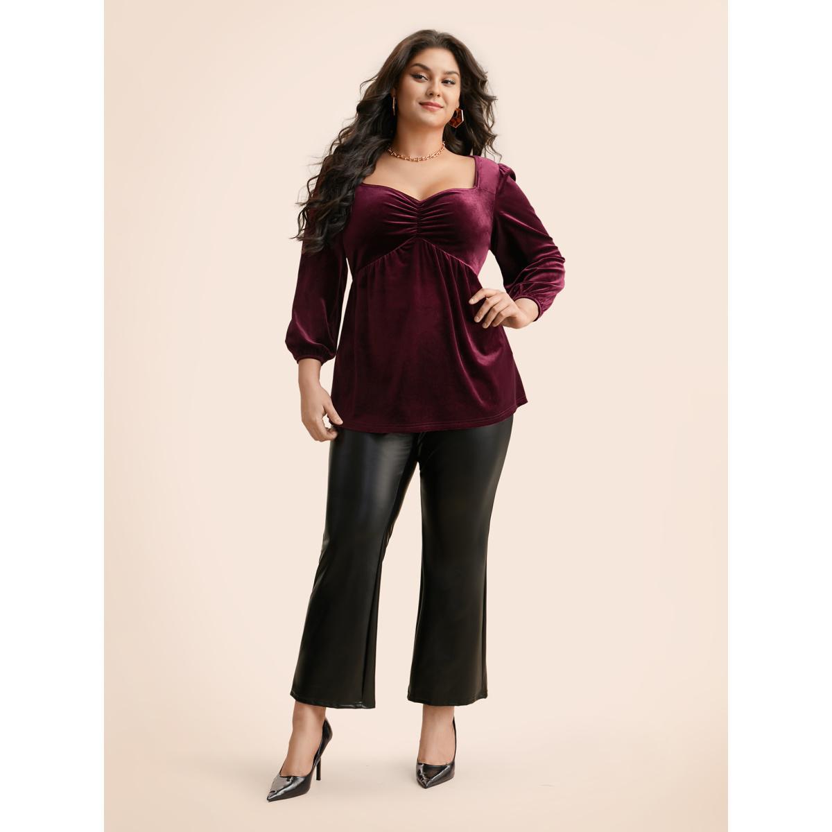 Plus Size Eggplant Velvet Heart Neckline Gathered Blouse Women Elegant Three Quater Length Sleeve Heart neckline Everyday Blouses BloomChic 12/L Product Image
