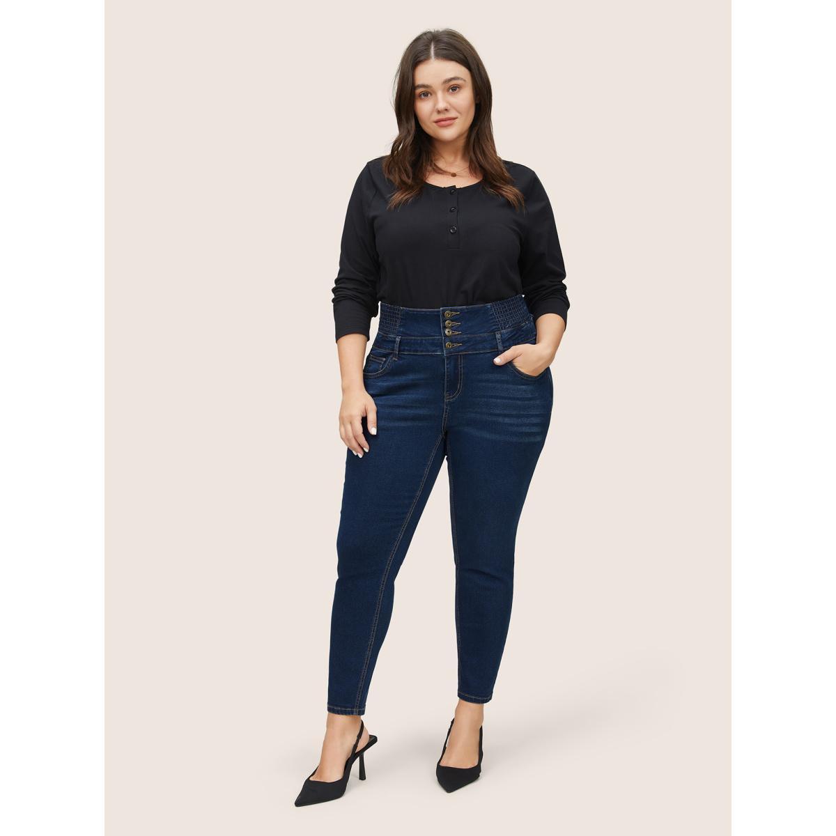 Plus Size Buckle Detail Shirred High Rise Jeans Women Indigo Casual Plain Non High stretch Slanted pocket Jeans BloomChic 10/M Product Image