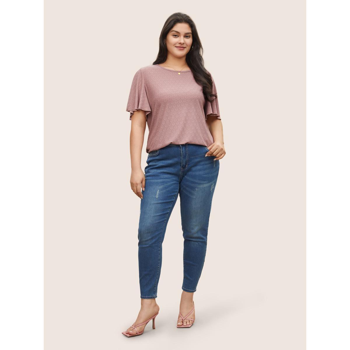 Plus Size Plain Textured Geometric Flutter Sleeve T-shirt Rouge Women Elegant Texture Plain Round Neck Everyday T-shirts BloomChic 22-24/3X Product Image