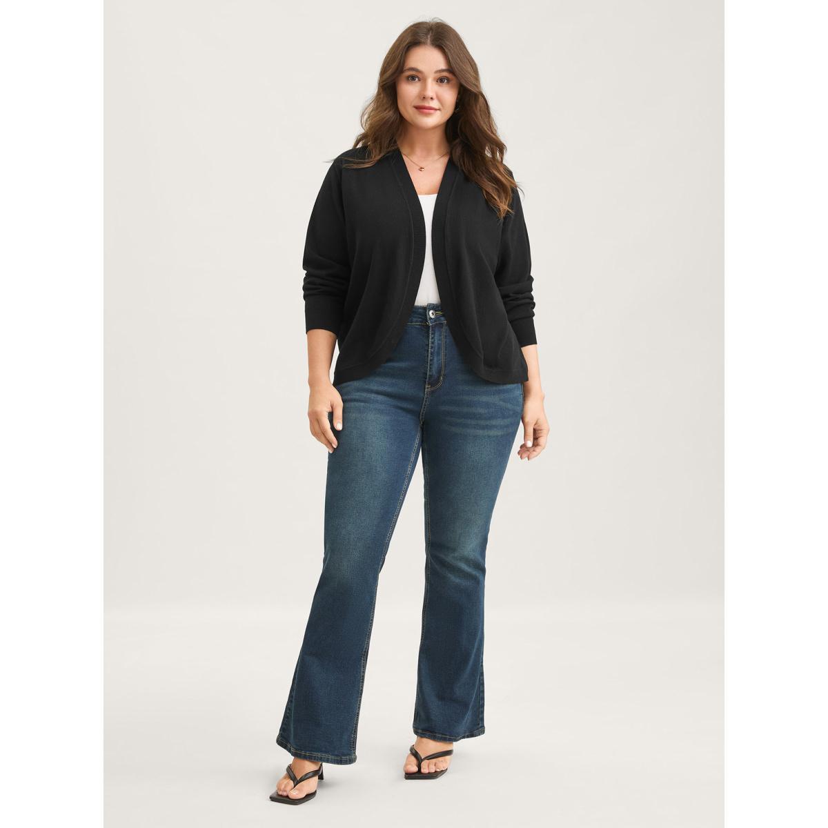 Plus Size Supersoft Arc Swing Front-Open Lightweight Cardigan Black Women Loose Long Sleeve Everyday-Casual Cardigans BloomChic 30/6X Product Image