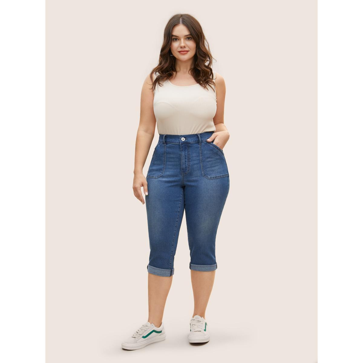 Plus Size Medium Wash Roll Hem Pull On Jegging Jeans Women Denimblue Casual Roll Hem Medium stretch Slanted pocket Jeans BloomChic 30/6X Product Image