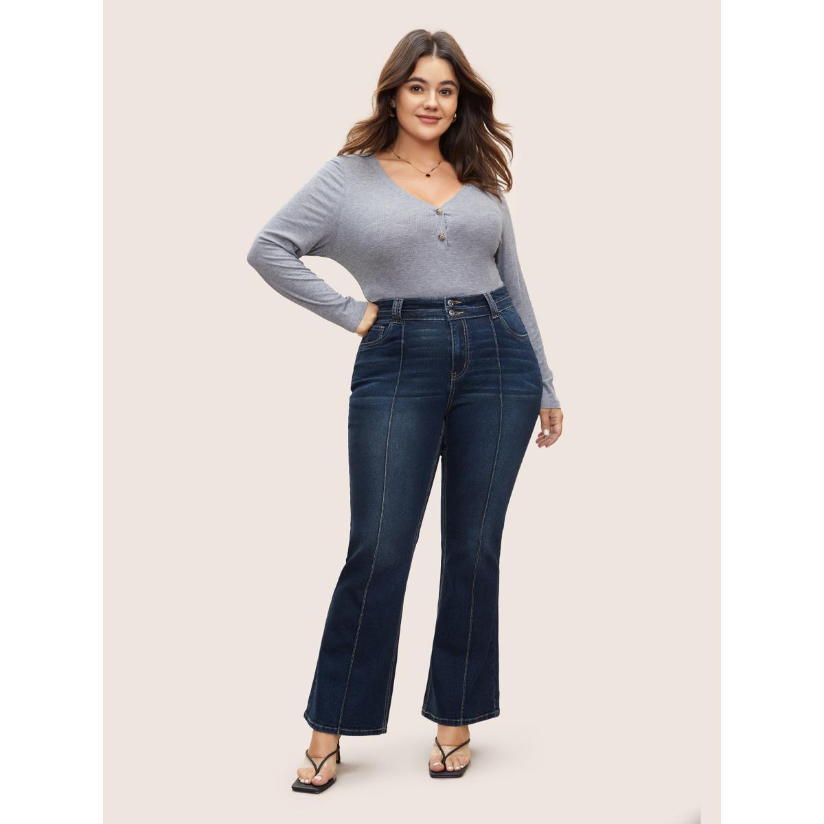 Plus Size Bootcut Seam Detail Button Up Full Length Jeans Women Indigo Casual Plain Non High stretch Slanted pocket Jeans BloomChic 18/2X Product Image