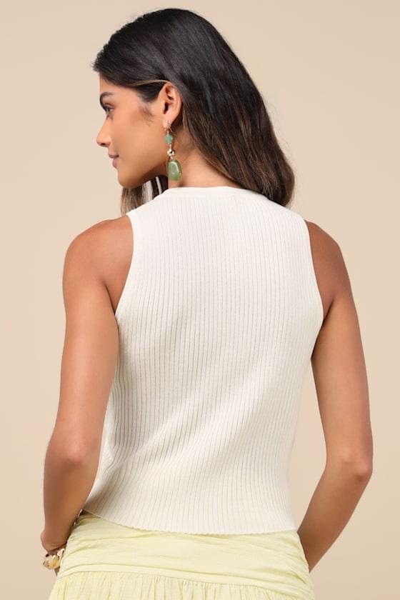 Conceptually Chic Ivory Ribbed Knit Button-Front Tank Top Product Image