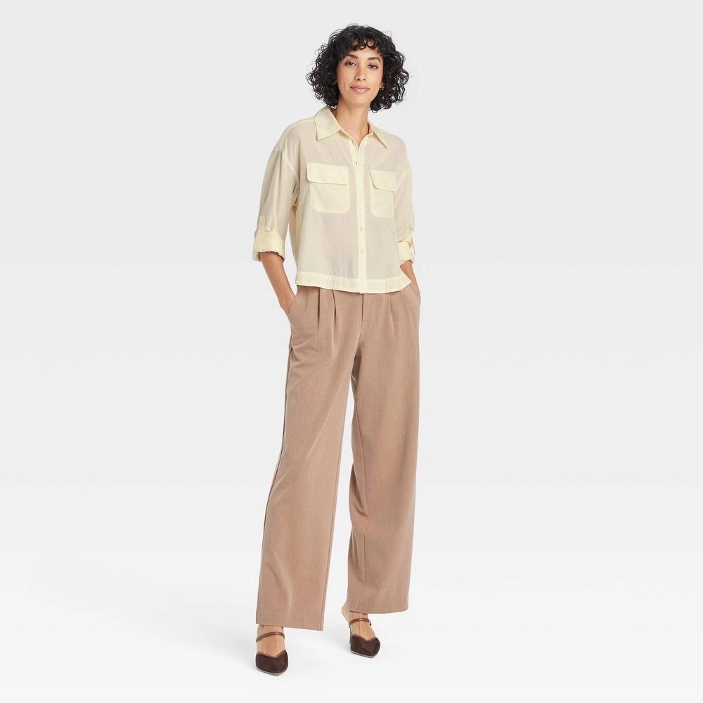 Womens Long Sleeve Button-Down Cropped Utility Shirt - A New Day Cream S: Recycled Polyester, Front Pocket Product Image