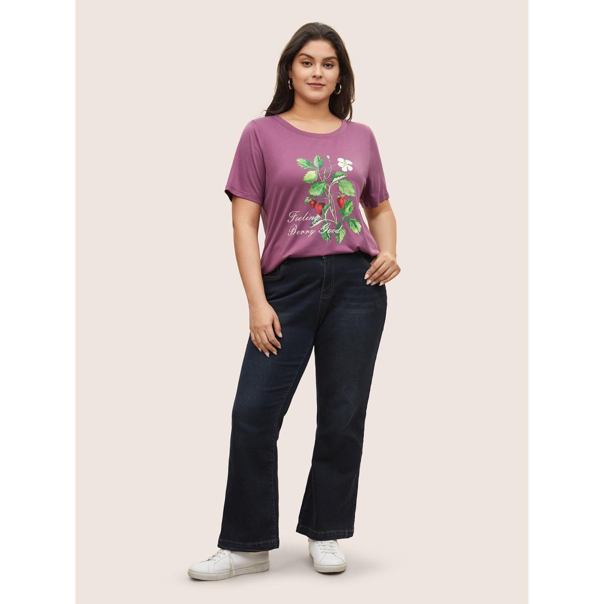 Plus Size Strawberry Print Round Neck T-shirt Purple Women Casual Non Natural Flowers Everyday T-shirts BloomChic 26/4X Product Image