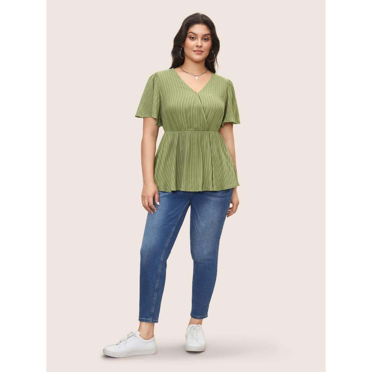 Plus Size Sage Plain Striped Overlap Collar Ruffle Sleeve Blouse Women Casual Short sleeve Overlap Collar Everyday Blouses BloomChic 18-20/2X Product Image
