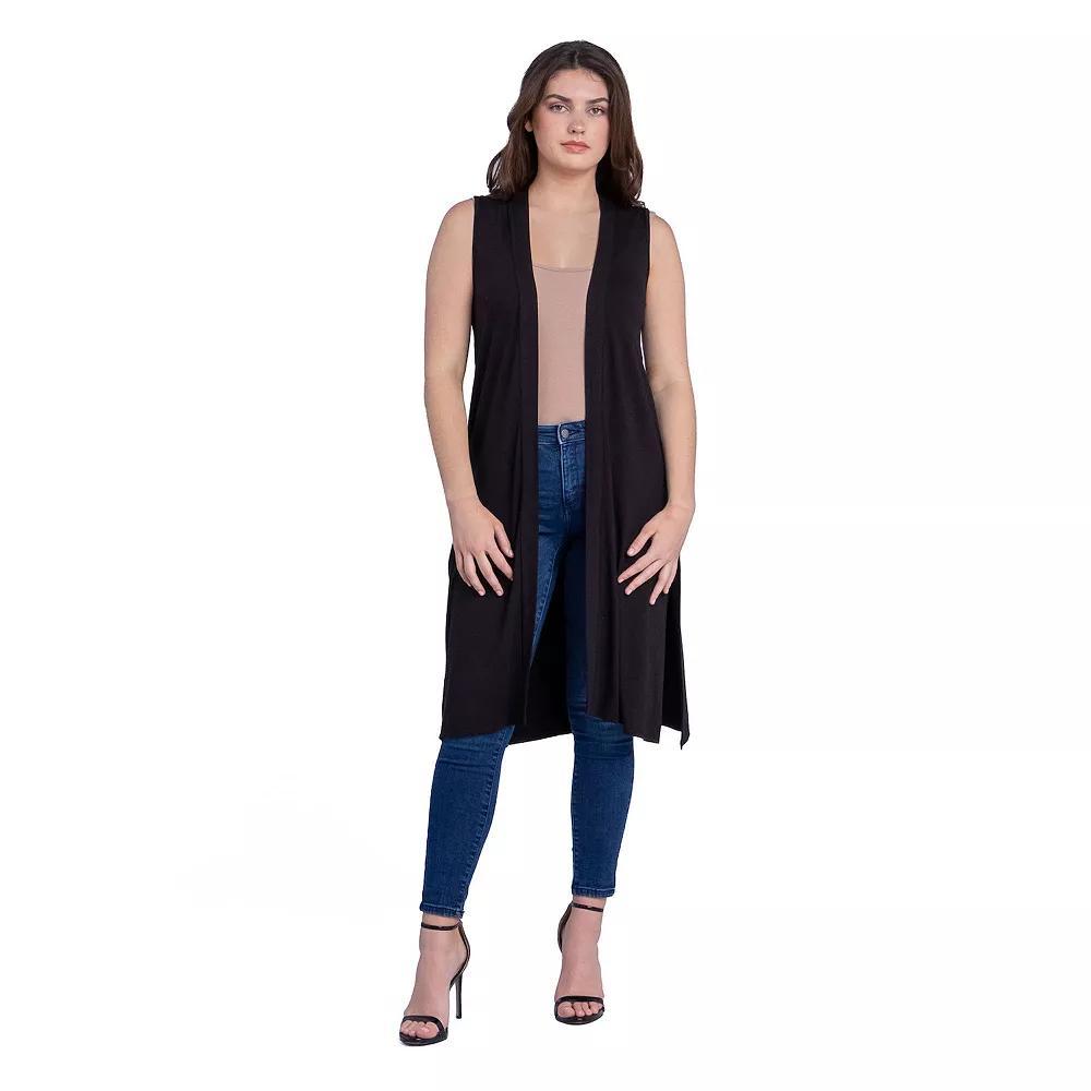 Women's 24Seven Comfort Apparel Sleeveless Long Cardigan Vest with Side Slit, Size: XL, Black Product Image