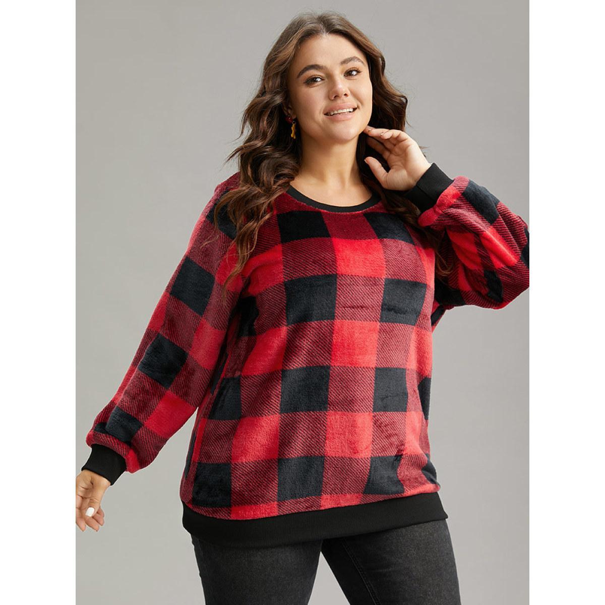Plus Size Plaid Print Round Neck Fluffy Sweatshirt Women Scarlet Casual Rib Knit Round Neck Festival-Christmas Sweatshirts BloomChic 18-20/2X Product Image