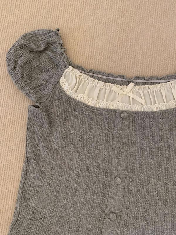 Lace edge contrast stitching Short Sleeves SKnits Product Image