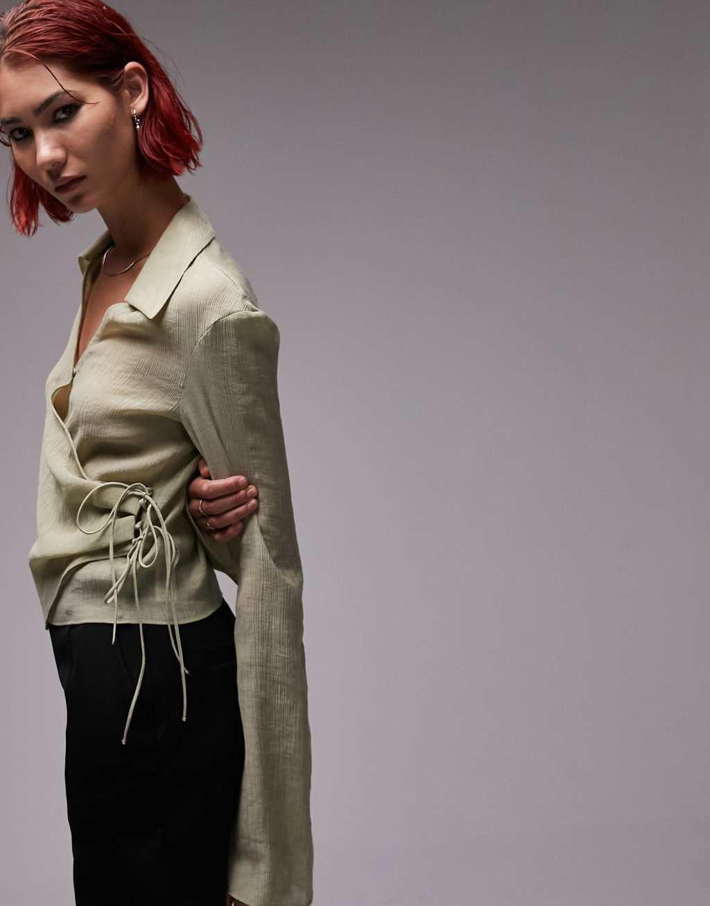 Topshop Tall button front wrap top in khaki Product Image