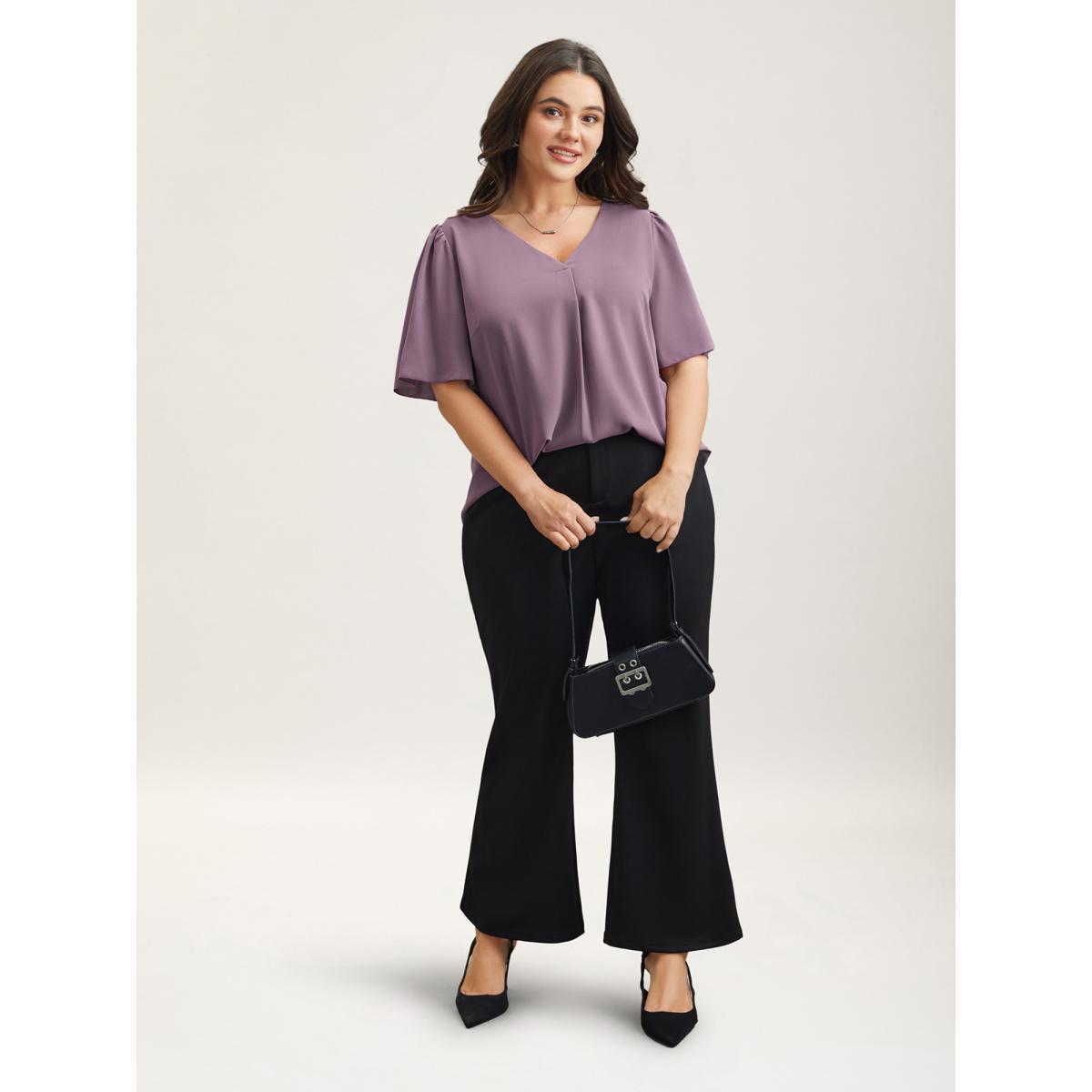 Plus Size Mauve Pleated-Front Flutter Sleeve Shirt Women At the Office Short sleeve V-neck Work Blouses BloomChic 14-16/1X Product Image