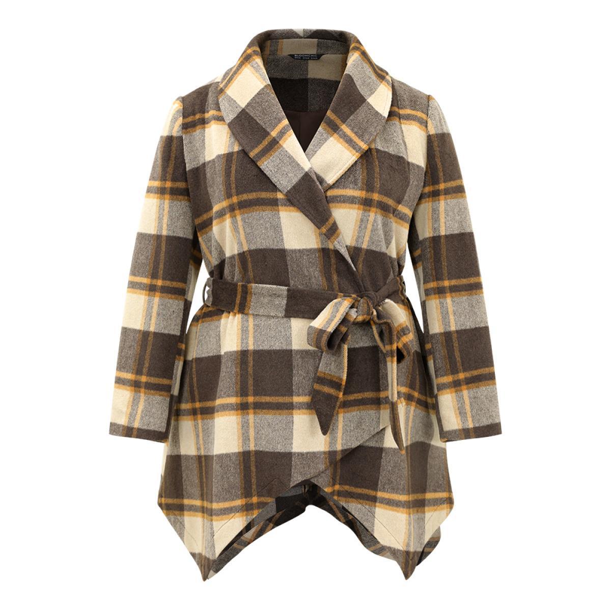 Plus Size Plaid Belted Lapel Collar Hanky Hem Coat Women DarkBrown Casual Belted Ladies Dailywear Winter Coats BloomChic 22-24/3X Product Image