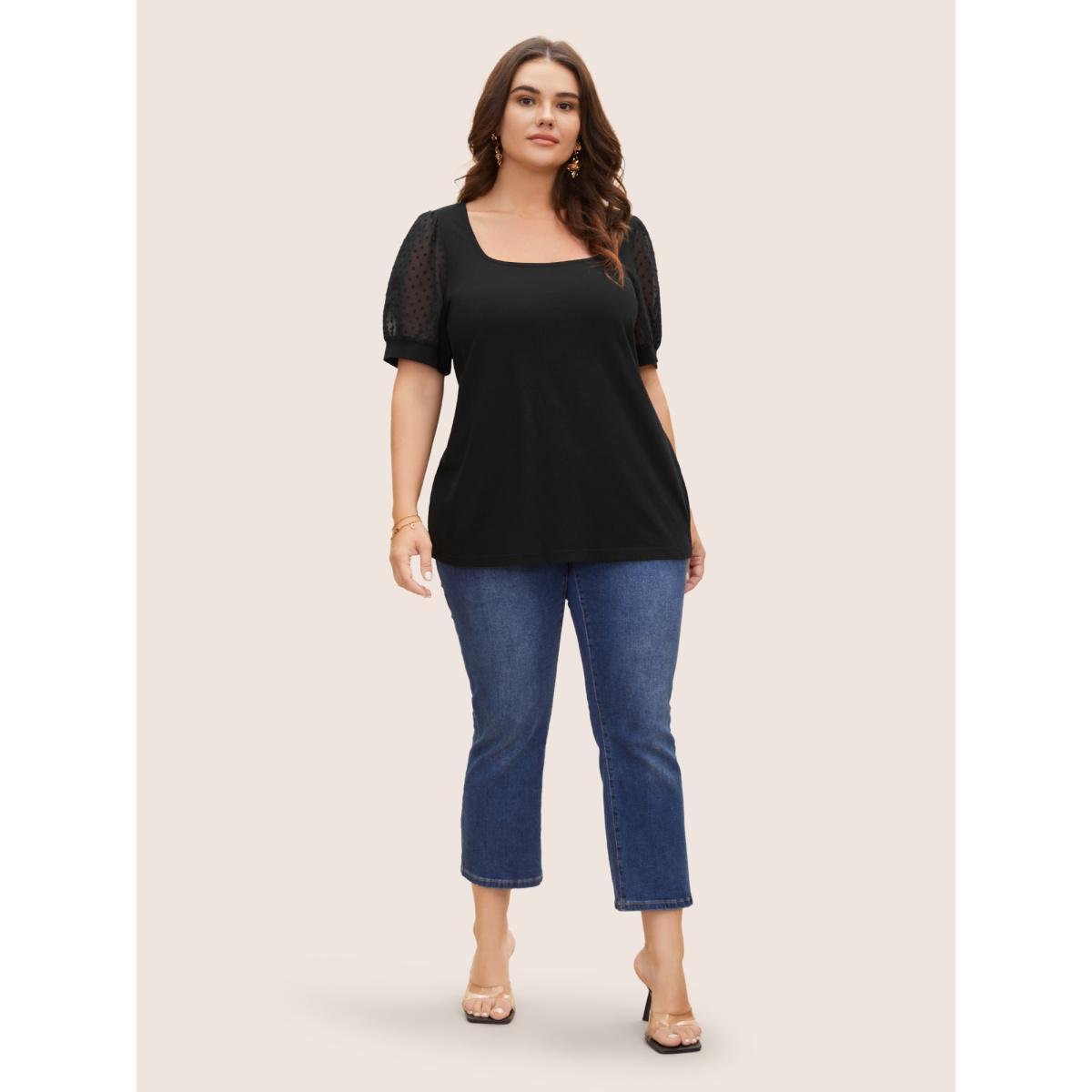 Plus Size Jacquard Decor Cotton Top Black Women Elegant See through Square Neck Everyday T-shirts BloomChic 30/6X Product Image