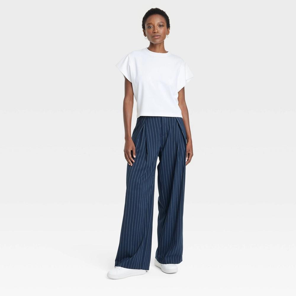 Womens High-Rise Wide Leg Pleated Front Trousers - A New Day Navy Pinstripe 4 Product Image