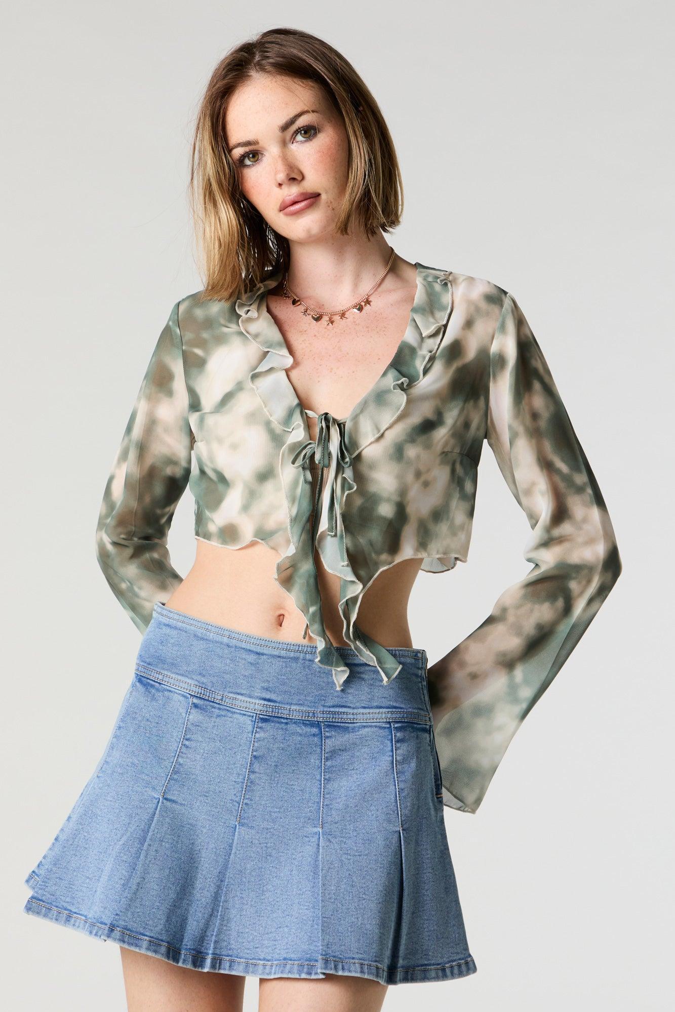 Mesh Ruffle Tie Front Long Sleeve Crop Top Female Product Image