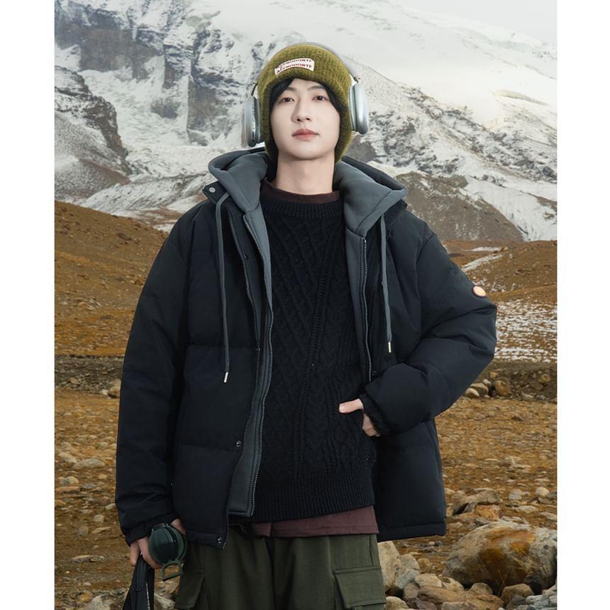 Mock Two-Piece Applique Drawstring Hooded Down Zip Jacket Product Image