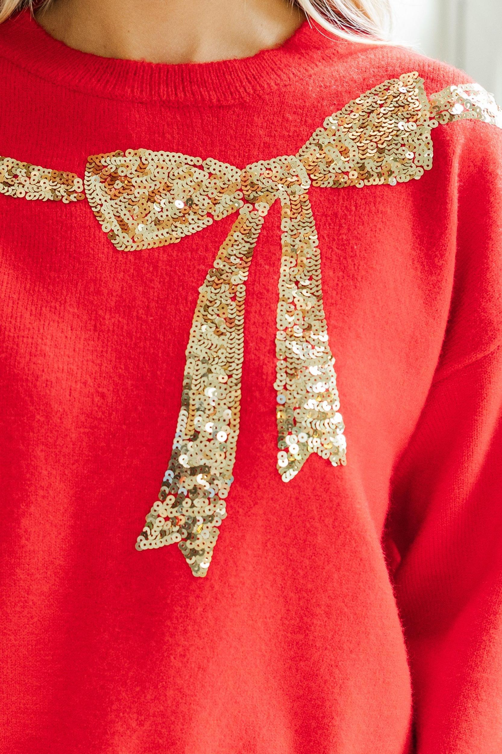 Always Present Red Sequin Bow Sweater Female Product Image