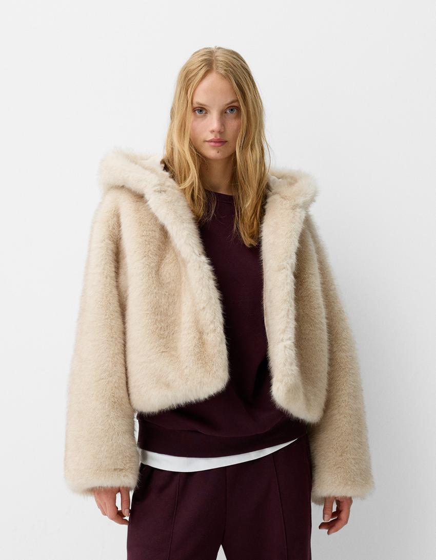 Faux fur jacket with hood Product Image