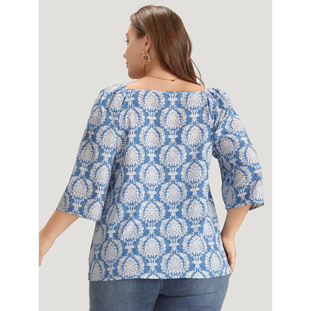 Plus Size Multicolor Boho Print Knot Neck Tassels Puff Sleeve Blouse Women Vacation Elbow-length sleeve Round Neck Dailywear Blouses BloomChic 10/M Product Image