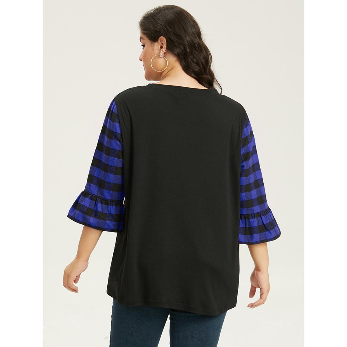 Plus Size Plaid Patched Pocket Patchwork Contrast Bell Sleeve T-shirt Blue Women Casual Contrast Plaid Round Neck Dailywear T-shirts BloomChic 14-16/1X Product Image
