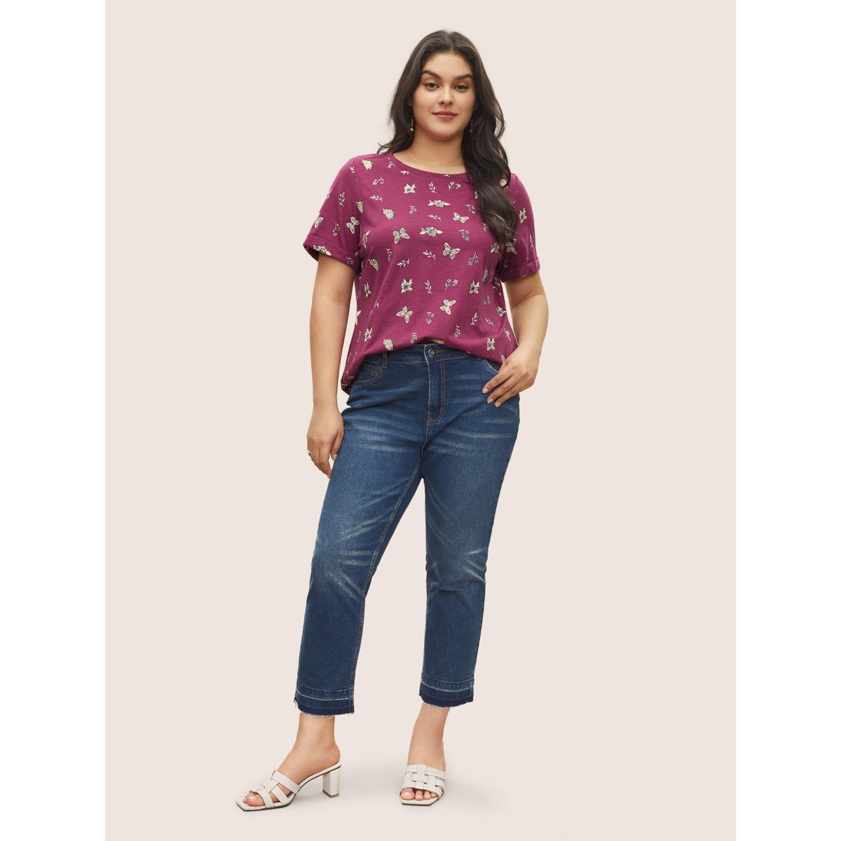 Plus Size Butterfly Print Cuffed Sleeve T-shirt Purple Women Resort Non Animal Round Neck Vacation T-shirts BloomChic 10/M Product Image