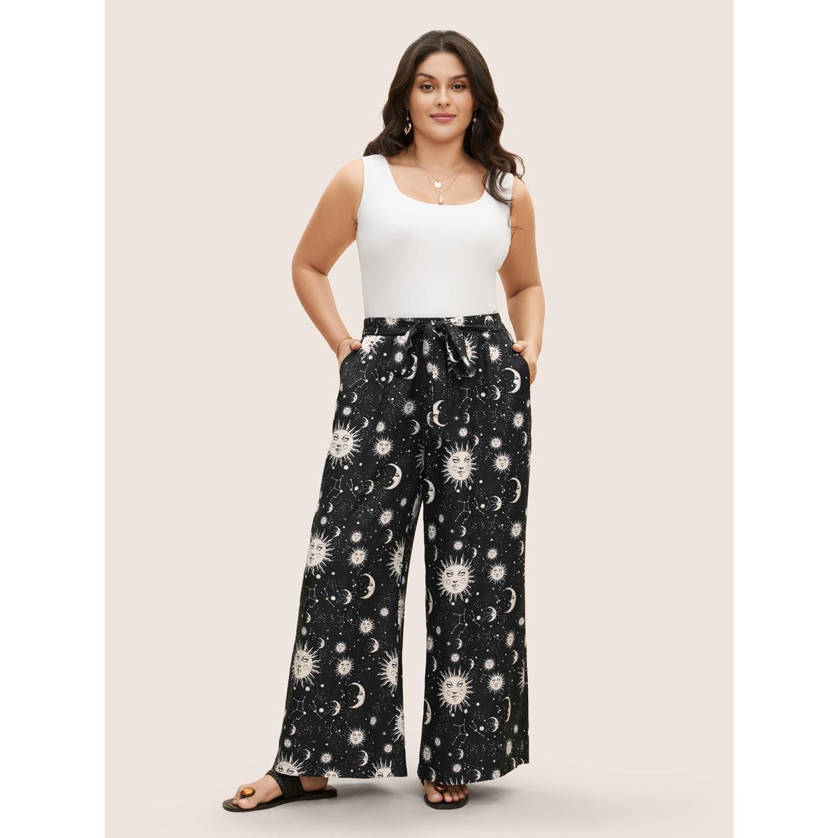 Plus Size Silhouette Floral Print Ties Side Seam Pocket Pants Women BlackFlower Elegant Wide Leg High Rise Everyday Pants BloomChic 18-20/2X Product Image