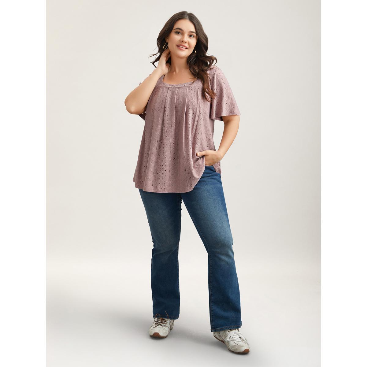 Plus Size Textured Cut-Out Square Neck Shirt DustyPink Women Casual Texture Square Neck Everyday T-shirts BloomChic 28/5X Product Image