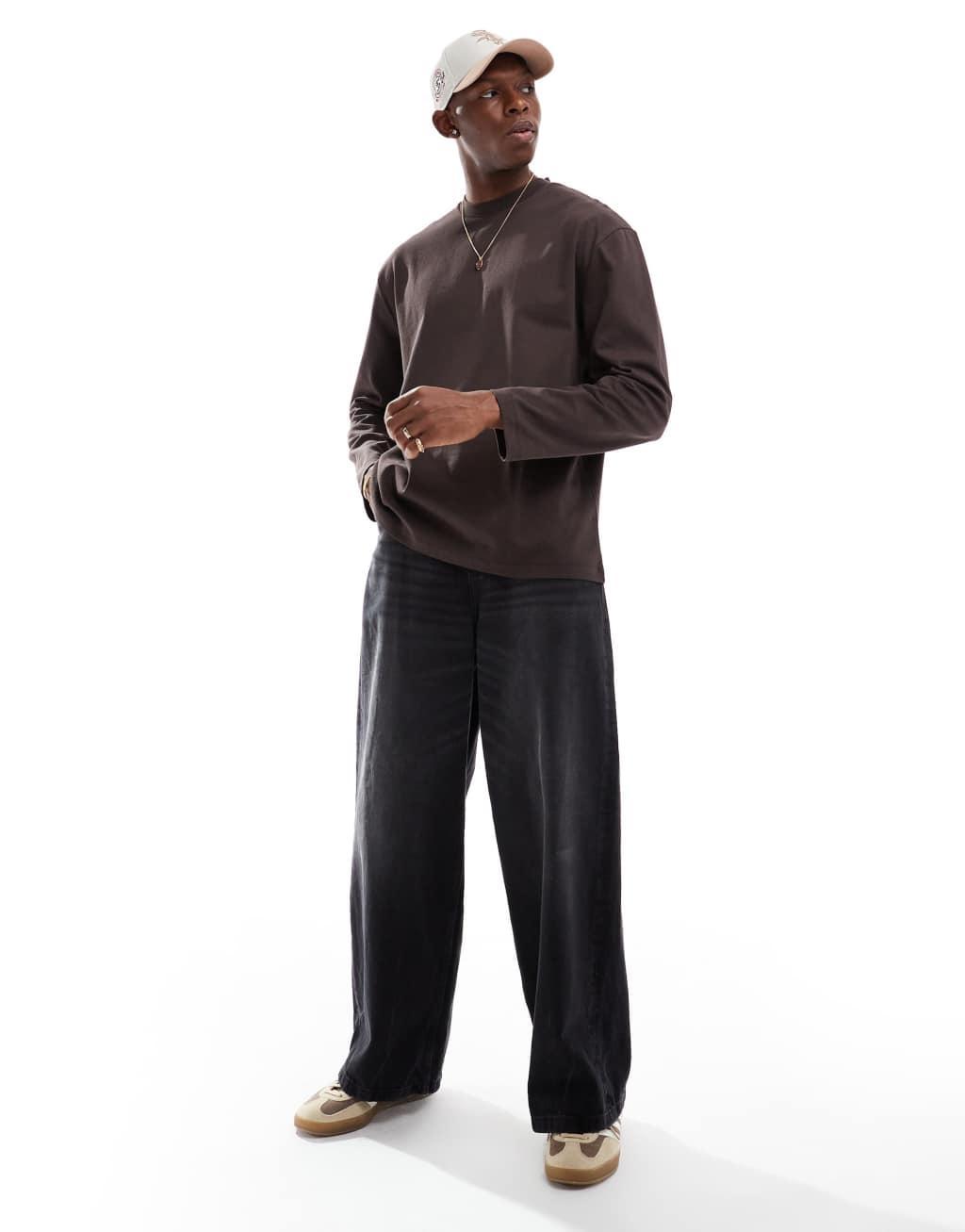 ASOS DESIGN essential heavyweight relaxed long sleeve t-shirt in brown Product Image
