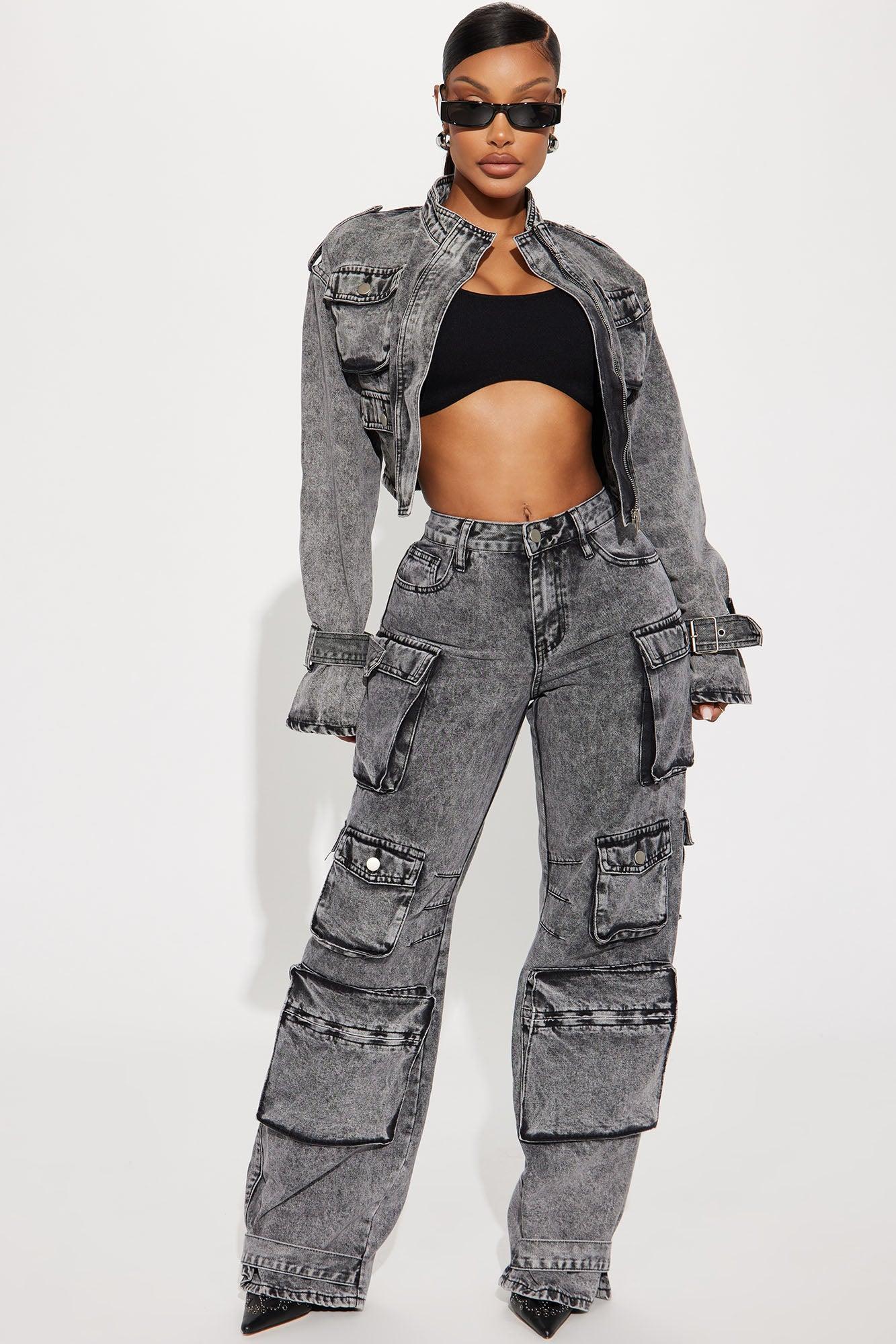 Billie Low Slung Cargo Jeans - Acid Wash Black Product Image