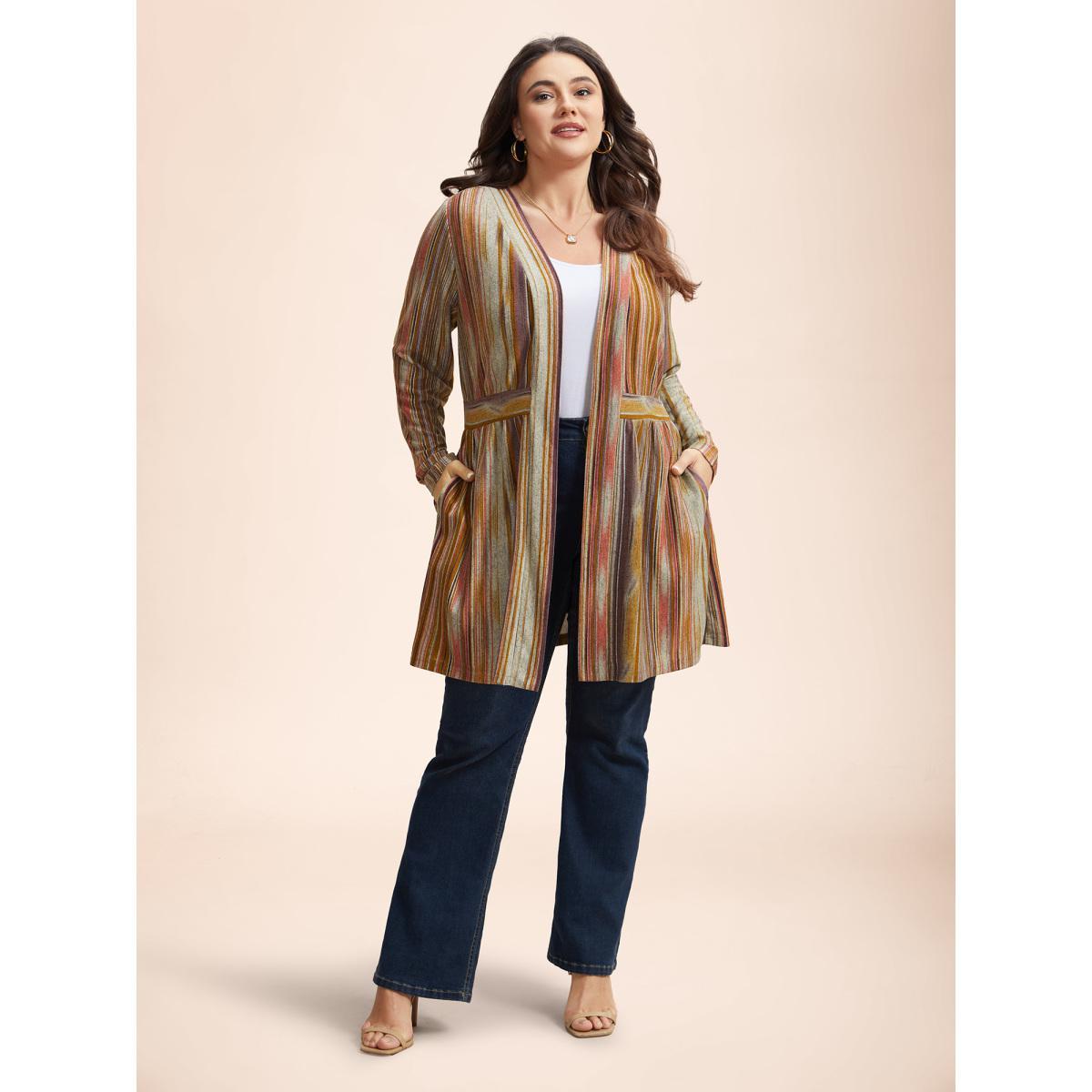 Plus Size Colored Striped Open Front Waist Defining Jacket Women Watermelon Contrast Bodycon Side seam pocket Everyday Jackets BloomChic 22-24/3X Product Image