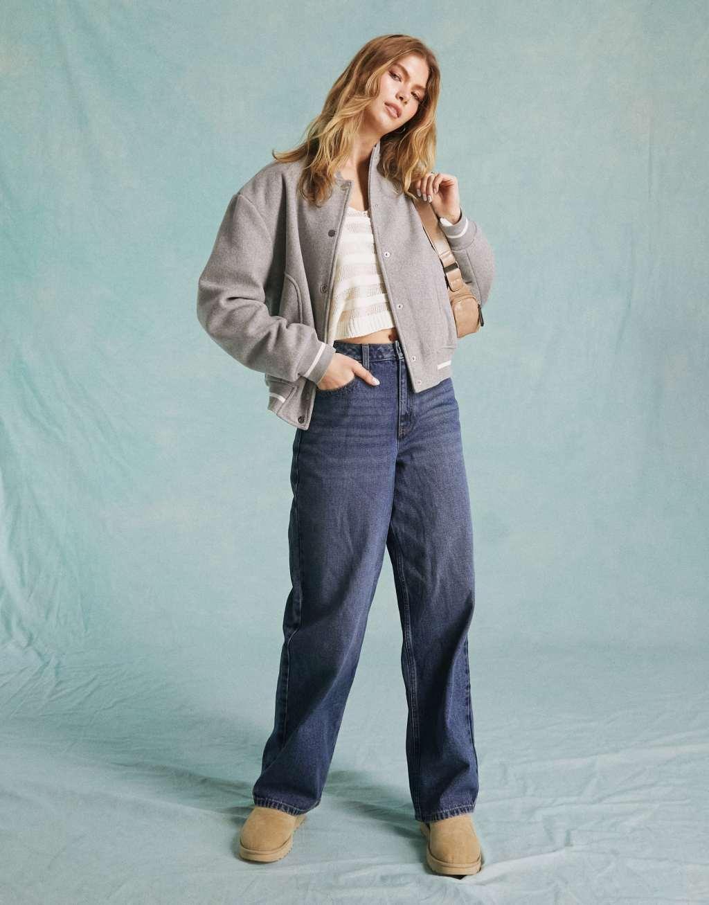 Miss Selfridge brushed oversized bomber jacket with contrast stitching-Gray Product Image