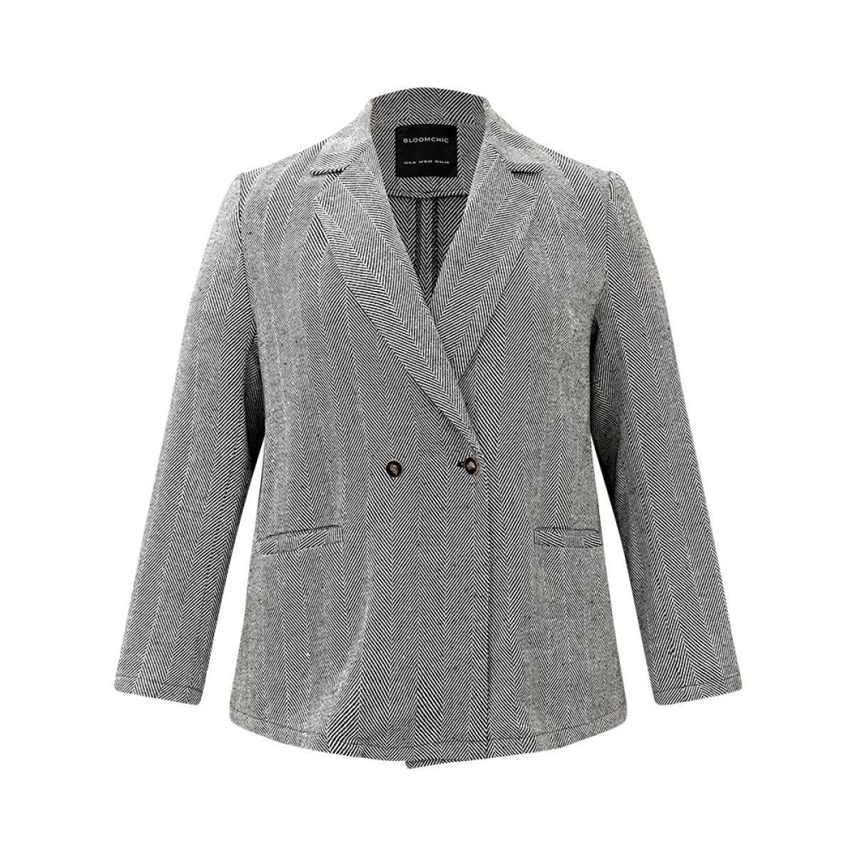 Plus Size Geo Striped Patched Pocket Button Down Blazer Gray Women Work Geometric Texture Sleeve Long Sleeve Suit Collar 10/M Pocket Office Blazers BloomChic Product Image