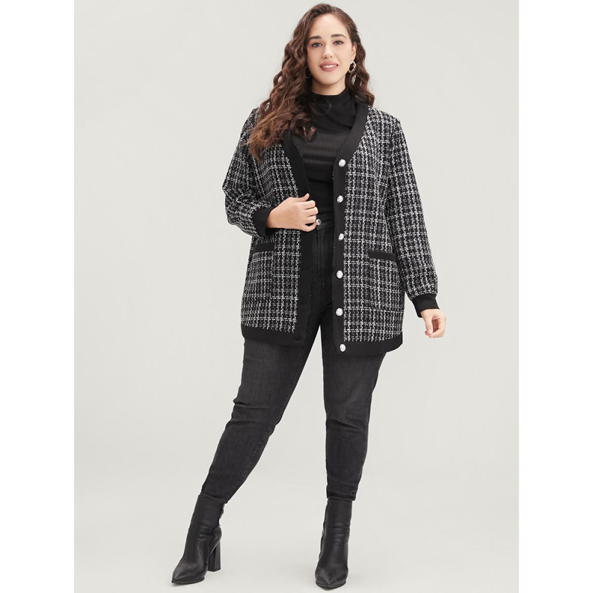 Plus Size Contrast Trim Pocket Button Up Plaid Tweed Coat Women Black Office Ladies Work Winter Coats BloomChic 10/M Product Image