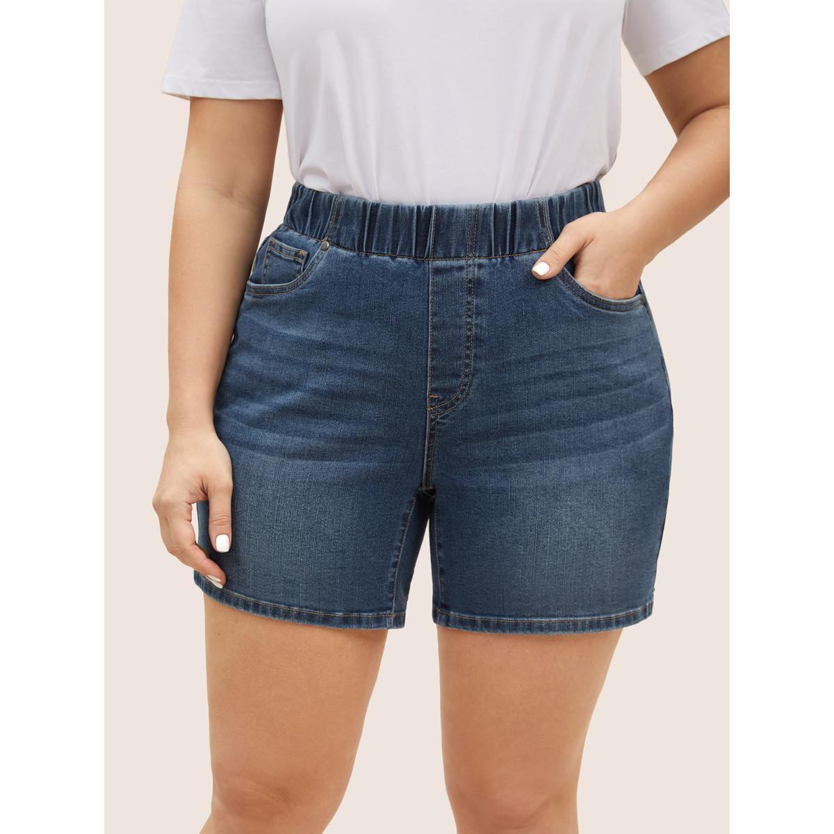Plus Size Dark Wash Elastic Waist Roll Hem Denim Shorts Women DarkBlue Roll Hem Medium stretch Everyday Slanted pocket Casual Denim Shorts BloomChic 30/6X Product Image