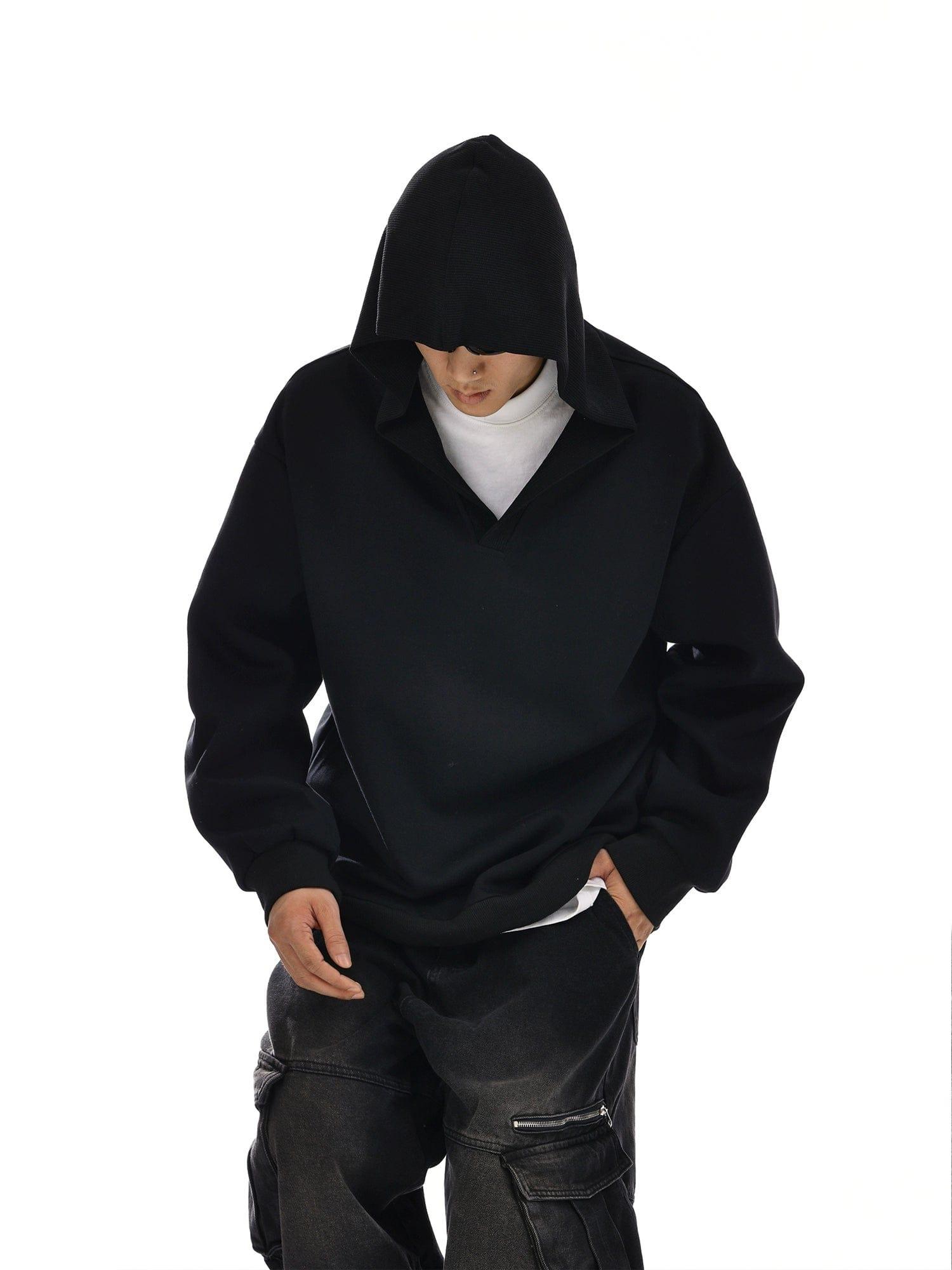 RT No. 12129 BLACK V-NECK PULLOVER HOODIE Product Image