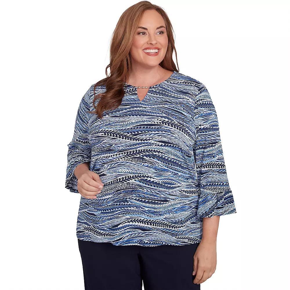Plus Size Alfred Dunner Beaded Split Neck Feathers Top, Women's, Size: 1XL, Blue Product Image