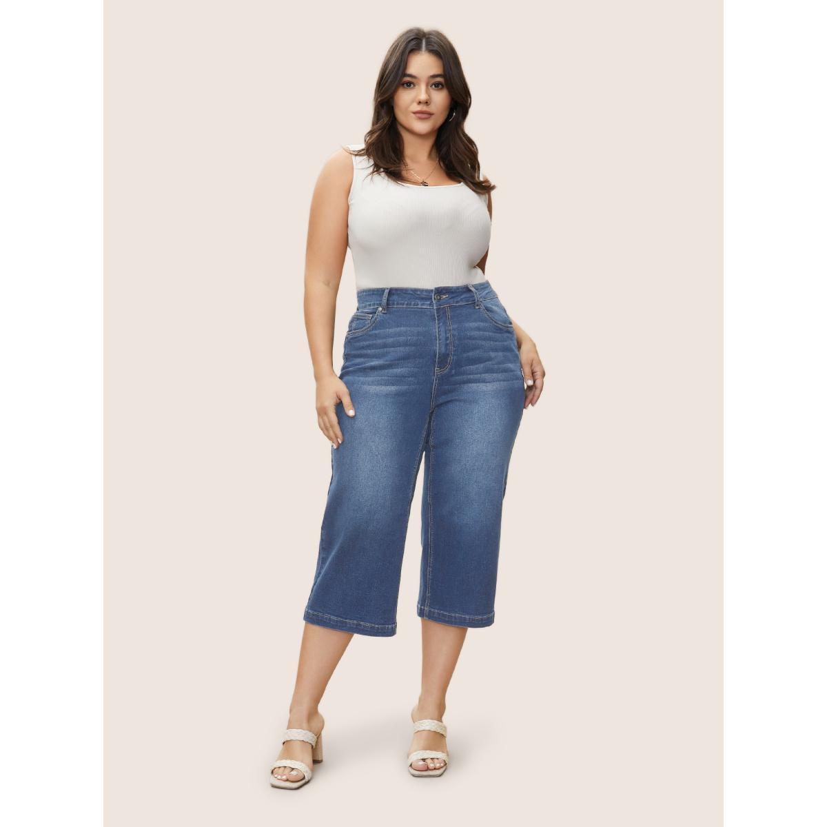 Plus Size Medium Wash Wide Leg High Stretch Jeans Women Midblue Casual Plain Button High stretch Slanted pocket Jeans BloomChic 26/4X Product Image