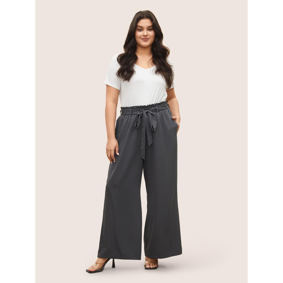Plus Size Plain Paperbag Waist Belted Wide Leg Pants Women DimGray Elegant Wide Leg High Rise Everyday Pants BloomChic 30/6X Product Image
