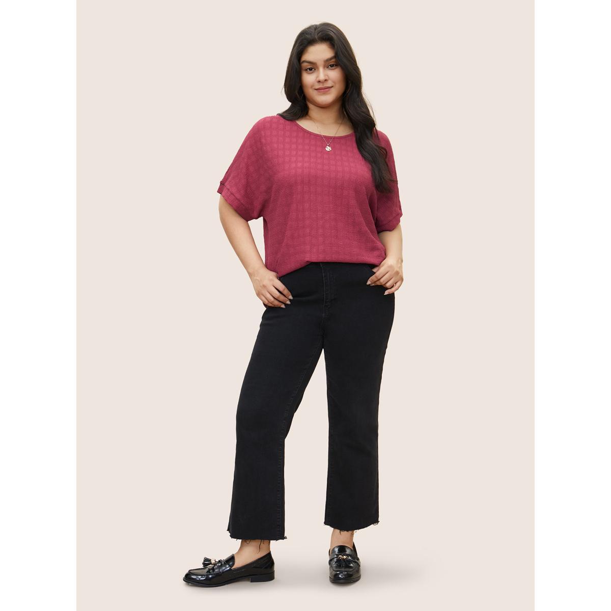 Plus Size Plain Textured Jacquard Dolman Sleeve T-shirt Pink Women Elegant Non Plain Round Neck Everyday T-shirts BloomChic 28/5X Product Image