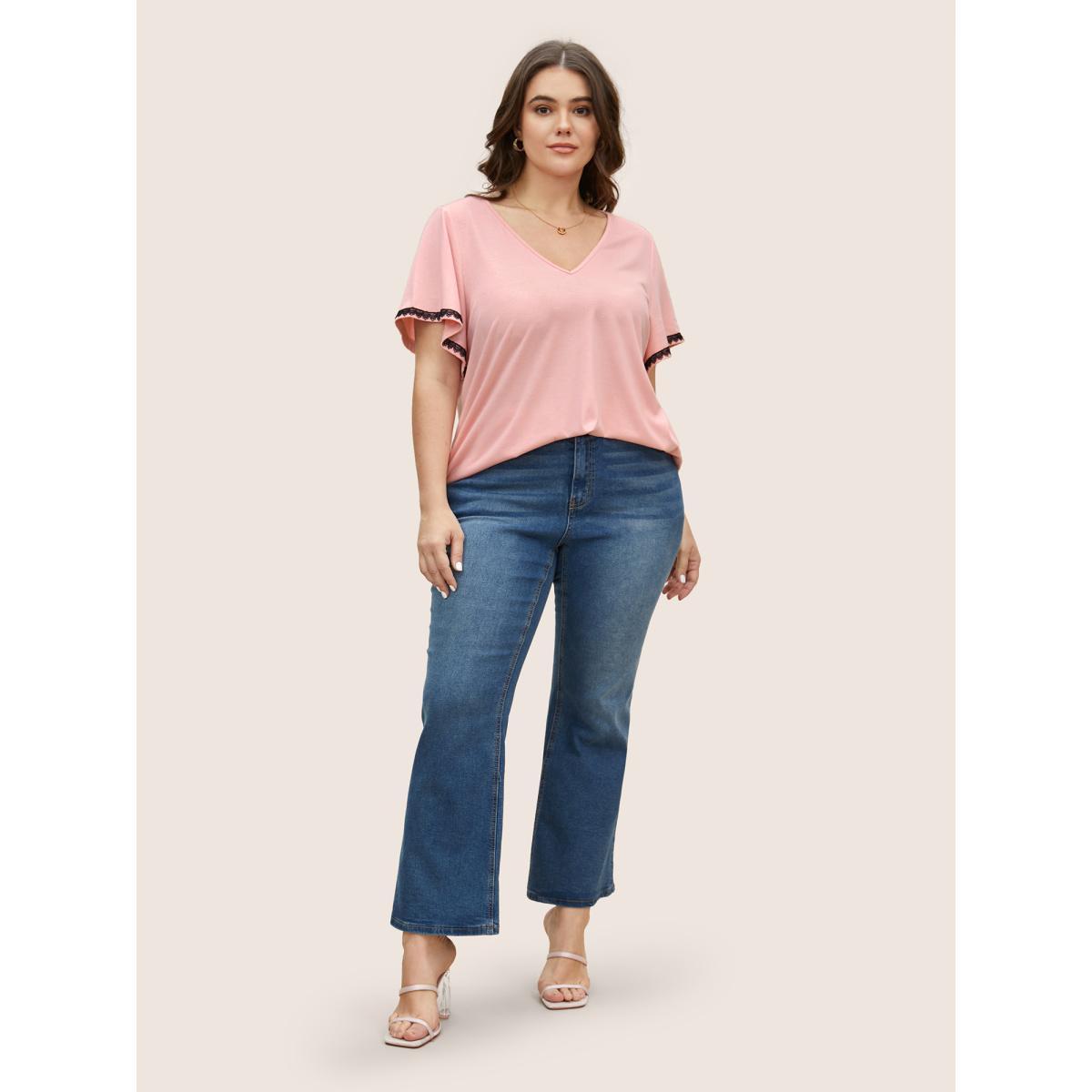 Plus Size V Neck Contrast Lace Flutter Sleeve T-shirt Nudepink Women Casual Contrast V-neck Everyday T-shirts BloomChic 22-24/3X Product Image