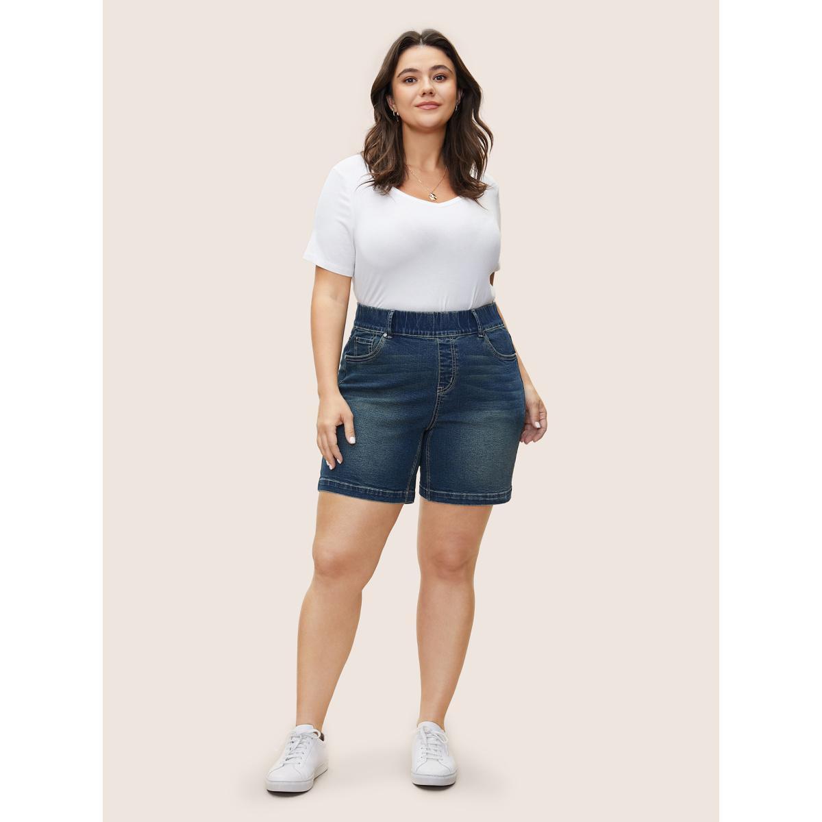 Plus Size Straight Leg Pocket Elastic Waist Denim Shorts Women Aegean Non High stretch Everyday Slanted pocket Casual Denim Shorts BloomChic 18/2X Product Image